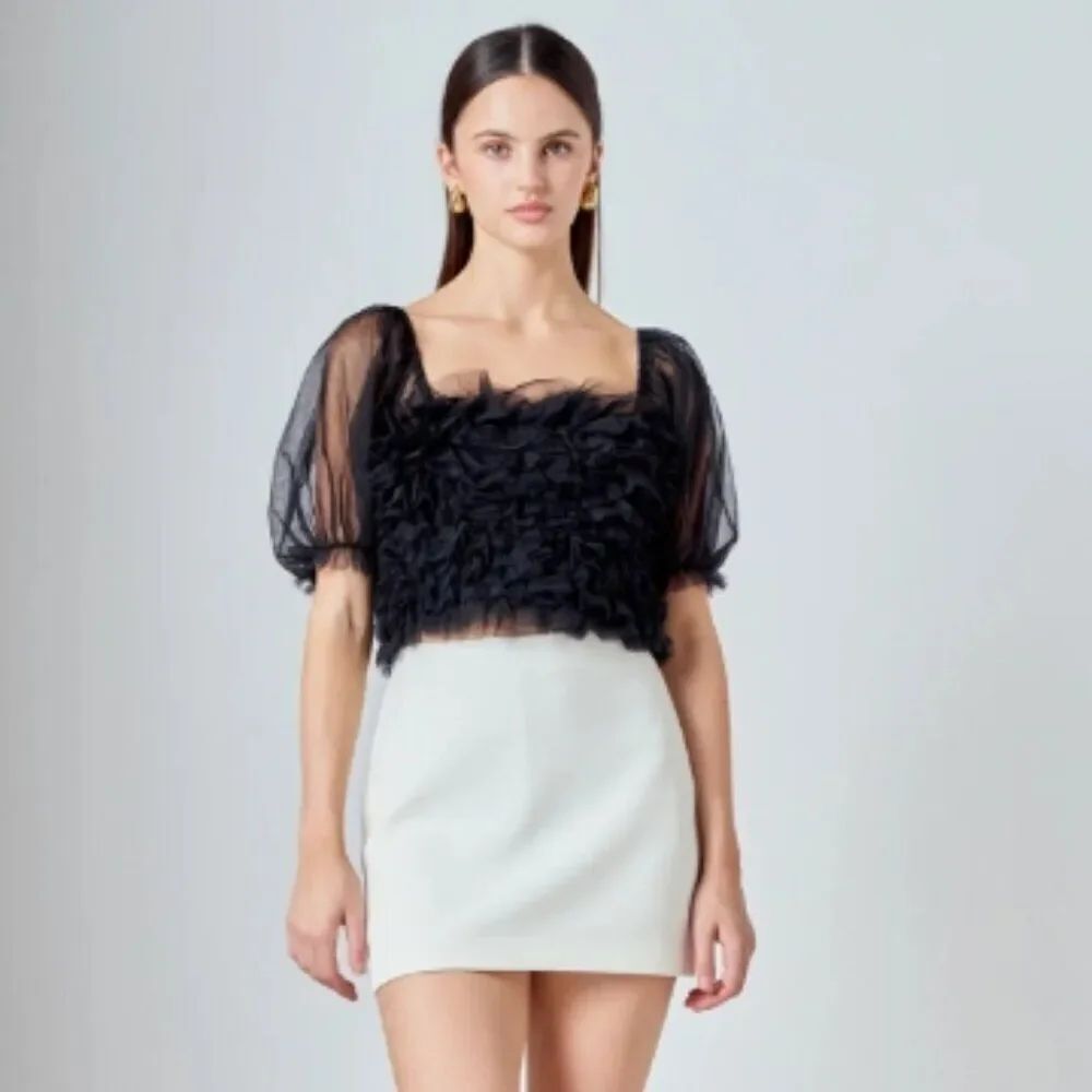 Like New! Endless Rose Ruffle Puff Sleeve Tulle Crop Top Black in Size S